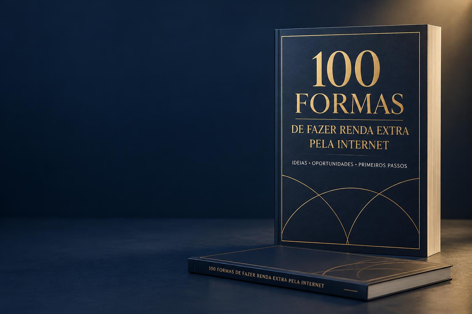 Representação visual do material digital 100 Formas de Fazer Renda Extra pela Internet, com capa azul-marinho e dourada